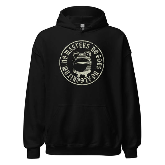 No Masters No Gods Frog unisex hoodie, Graphic of the portland antifa frog on a black hoodie, Anne Lesniak, Rebel Girl Rampage