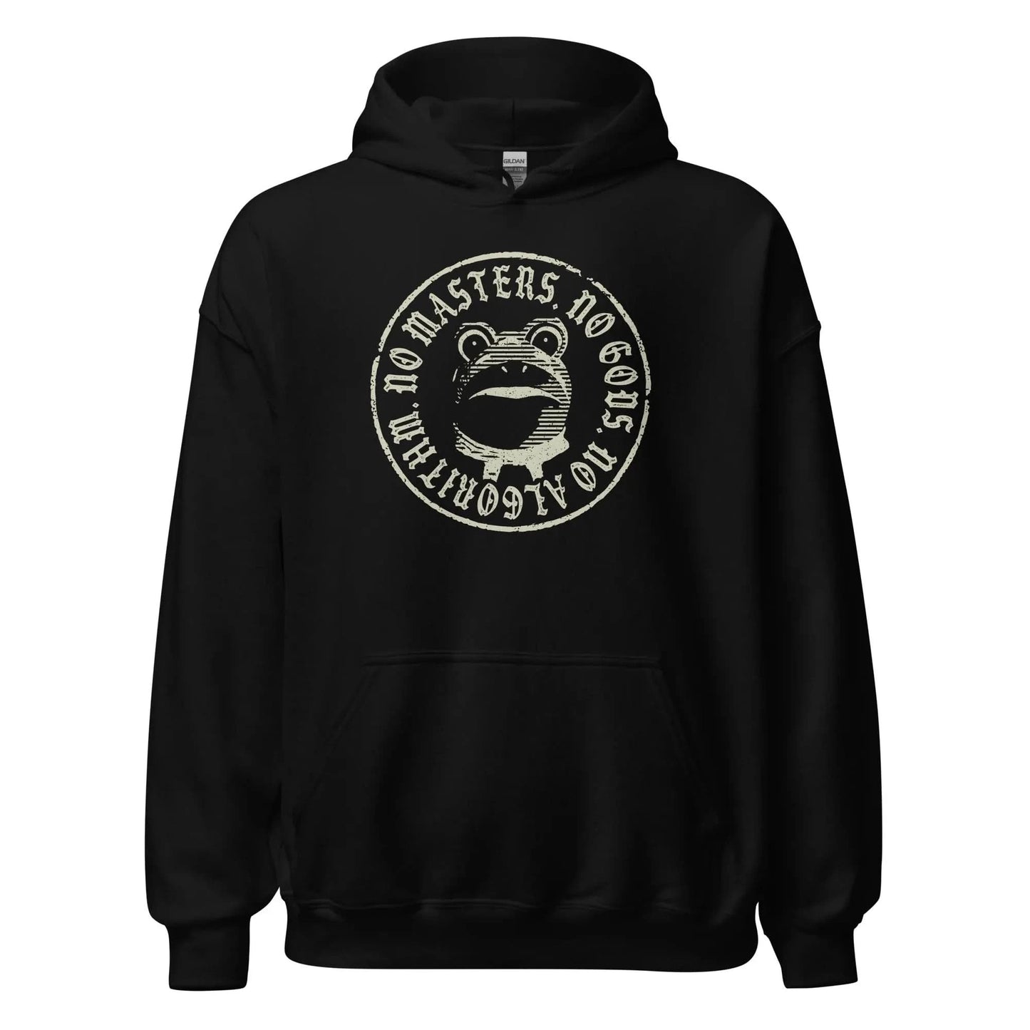 No Masters No Gods Frog unisex hoodie, Graphic of the portland antifa frog on a black hoodie, Anne Lesniak, Rebel Girl Rampage