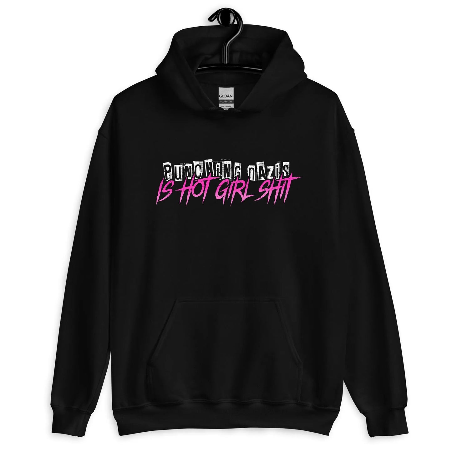 Hot girl Ish unisex hoodie, black hoodie with an 80s style graphic saying “punching Nazis is hot girl shit” Feminist antifa art, Rebel Girl Rampage