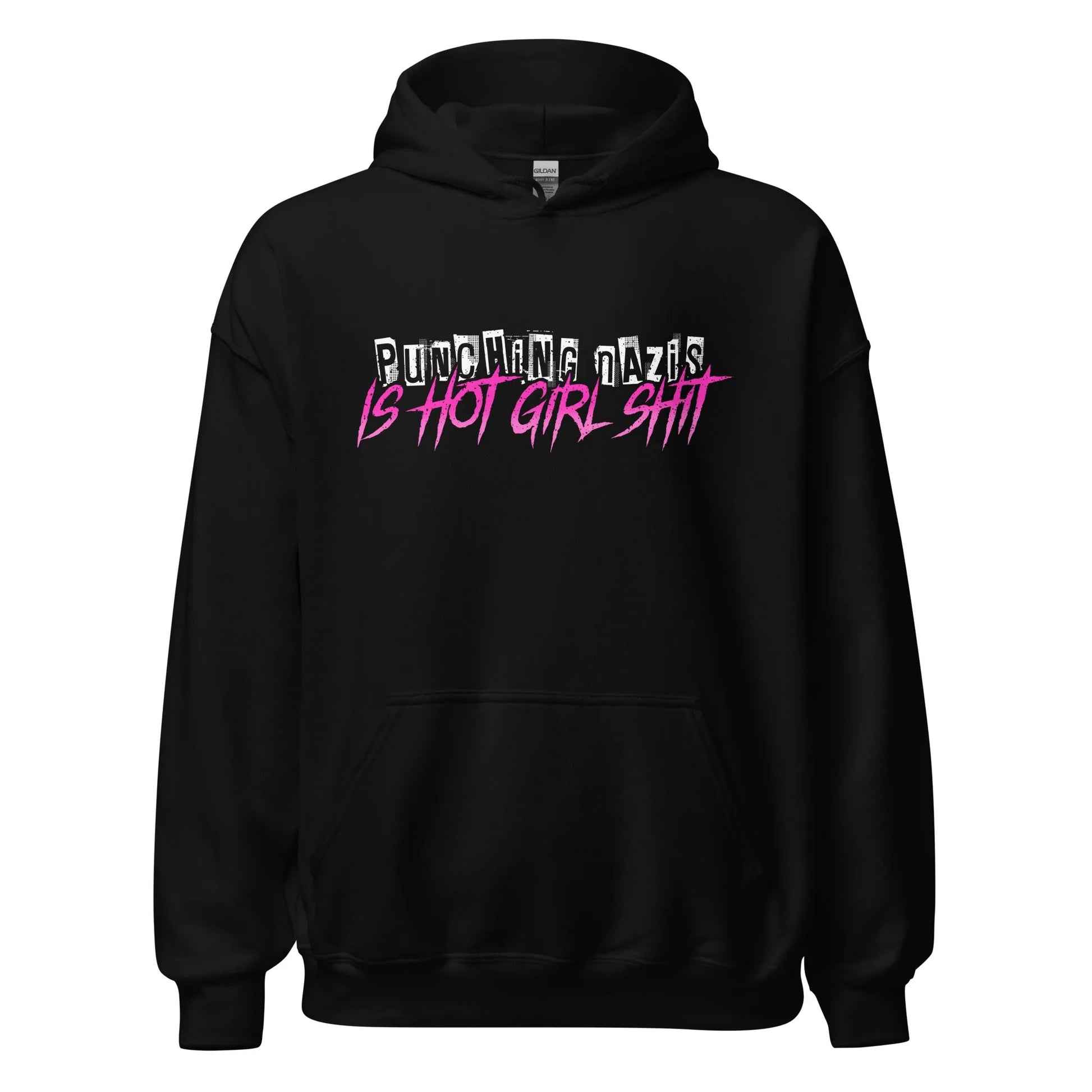 Hot girl Ish unisex hoodie, black hoodie with an 80s style graphic saying “punching Nazis is hot girl shit” Feminist antifa art, Rebel Girl Rampage