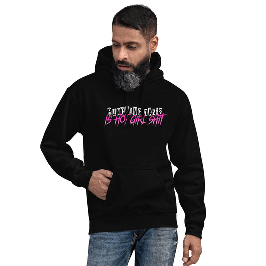 Hot girl Ish unisex hoodie, a man wearing a black hoodie with an 80s style graphic saying “punching Nazis is hot girl shit” Feminist antifa art, Rebel Girl Rampage