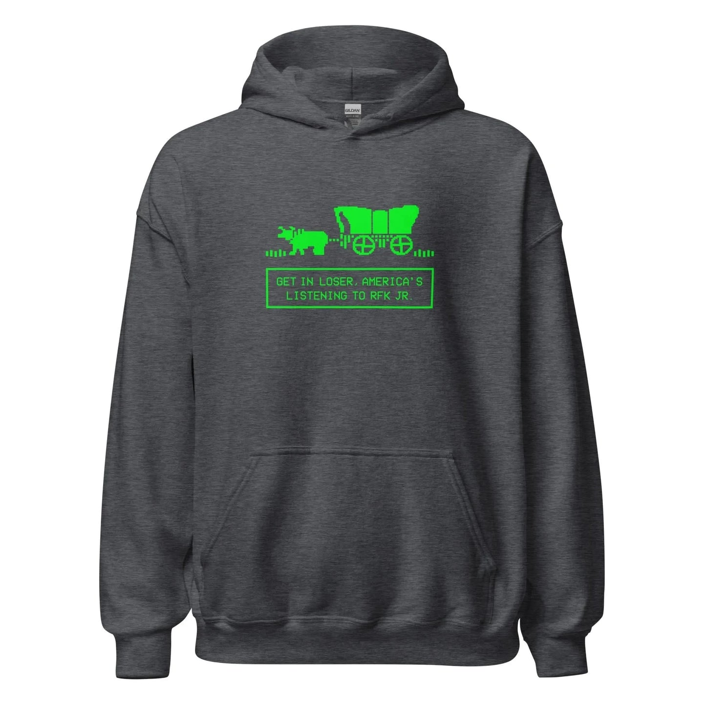 Bright green Oregon Trail graphic that says, "Get in Loser, America's Listening to RFK JR." on a grey unisex hoodie, Political, Mean Girls, Rebel Girl Rampage.