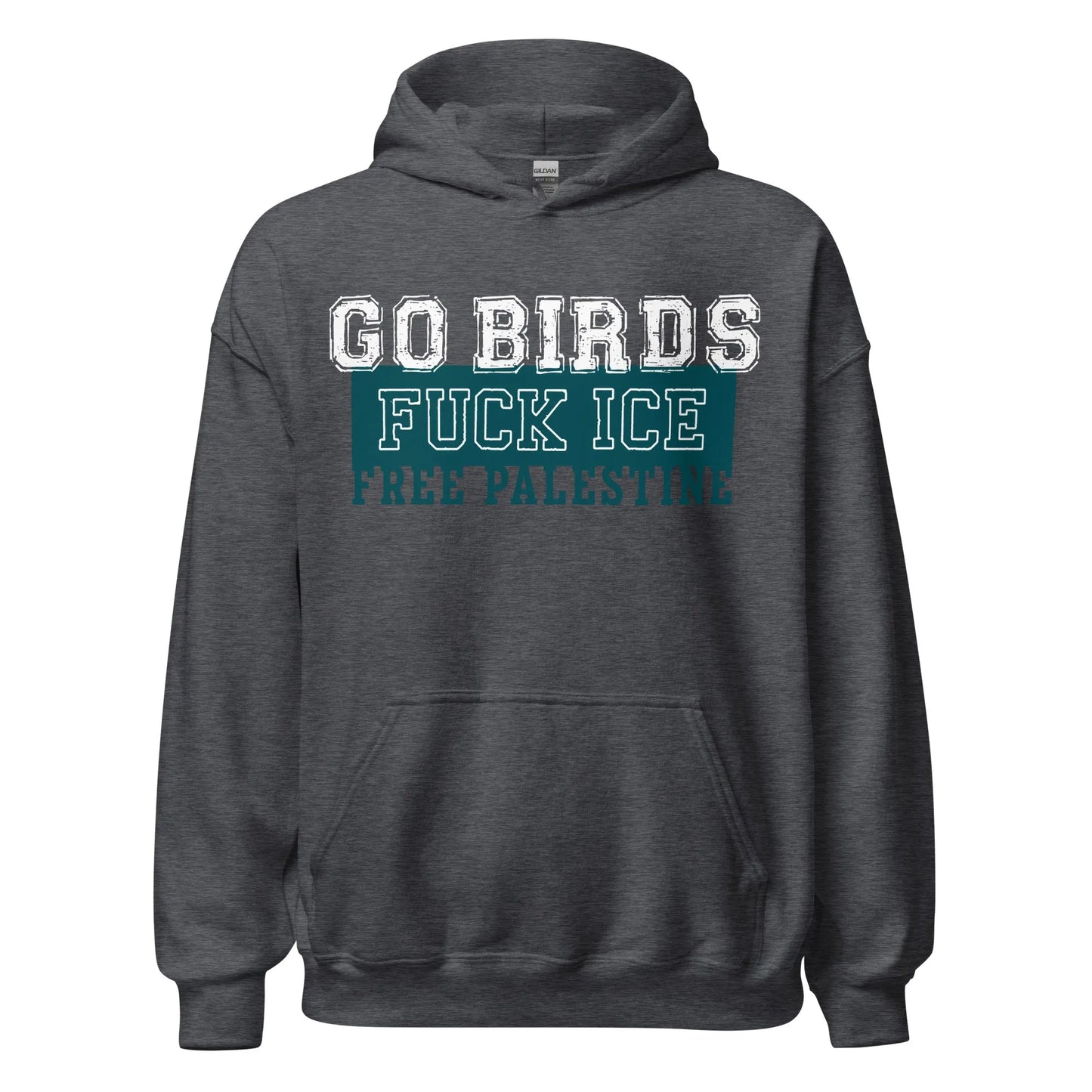 Go Birds, Fuck ICE, Free Palestine white and turquoise graphic on a dark grey hoodie, Rebel Girl Rampage, $5 per piece sold is donated to CHOP-Children's Hospital of Philadelphia.