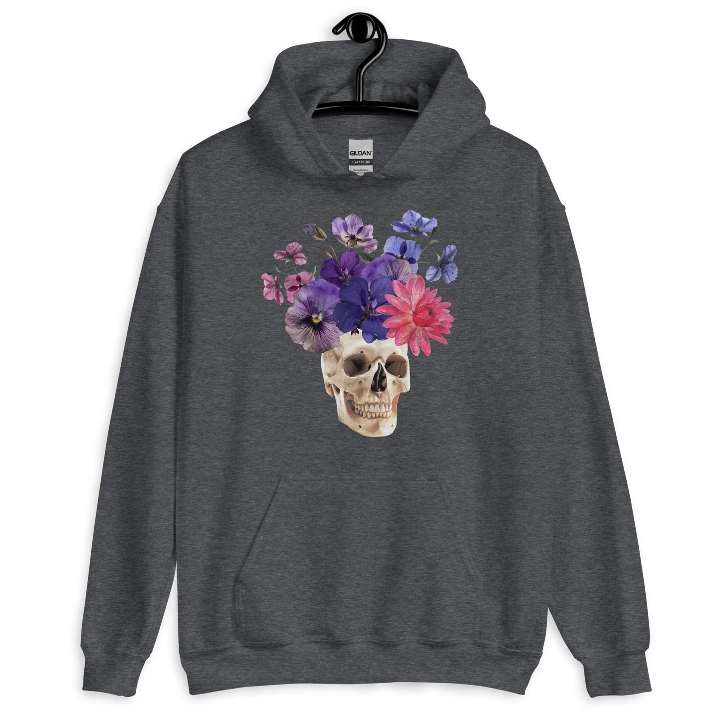 Skull graphic with beautiful pink and purple flowers on a grey hoodie, macabre, beautiful, nature, witchy, floral, spooky season, Rebel Girl Rampage