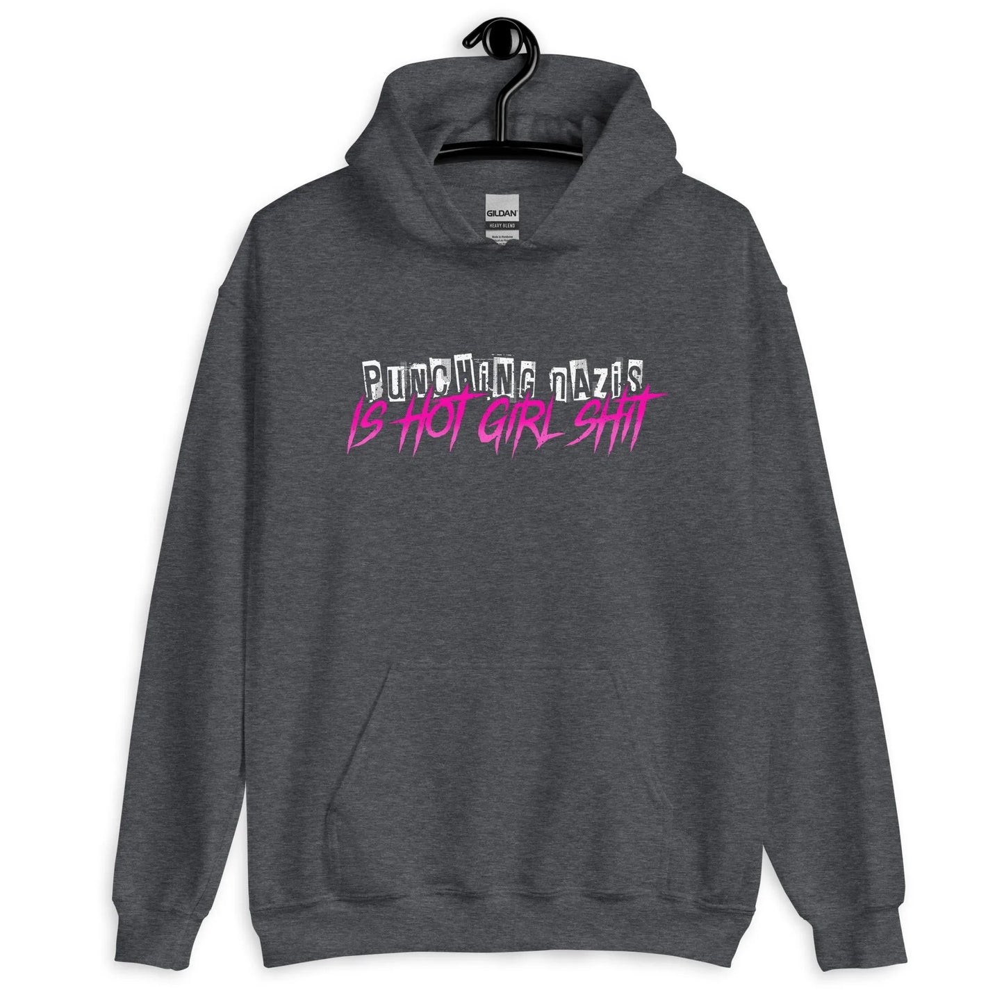 Hot girl Ish unisex hoodie, heather grey hoodie with an 80s style graphic saying “punching Nazis is hot girl shit” Feminist antifa art, Rebel Girl Rampage