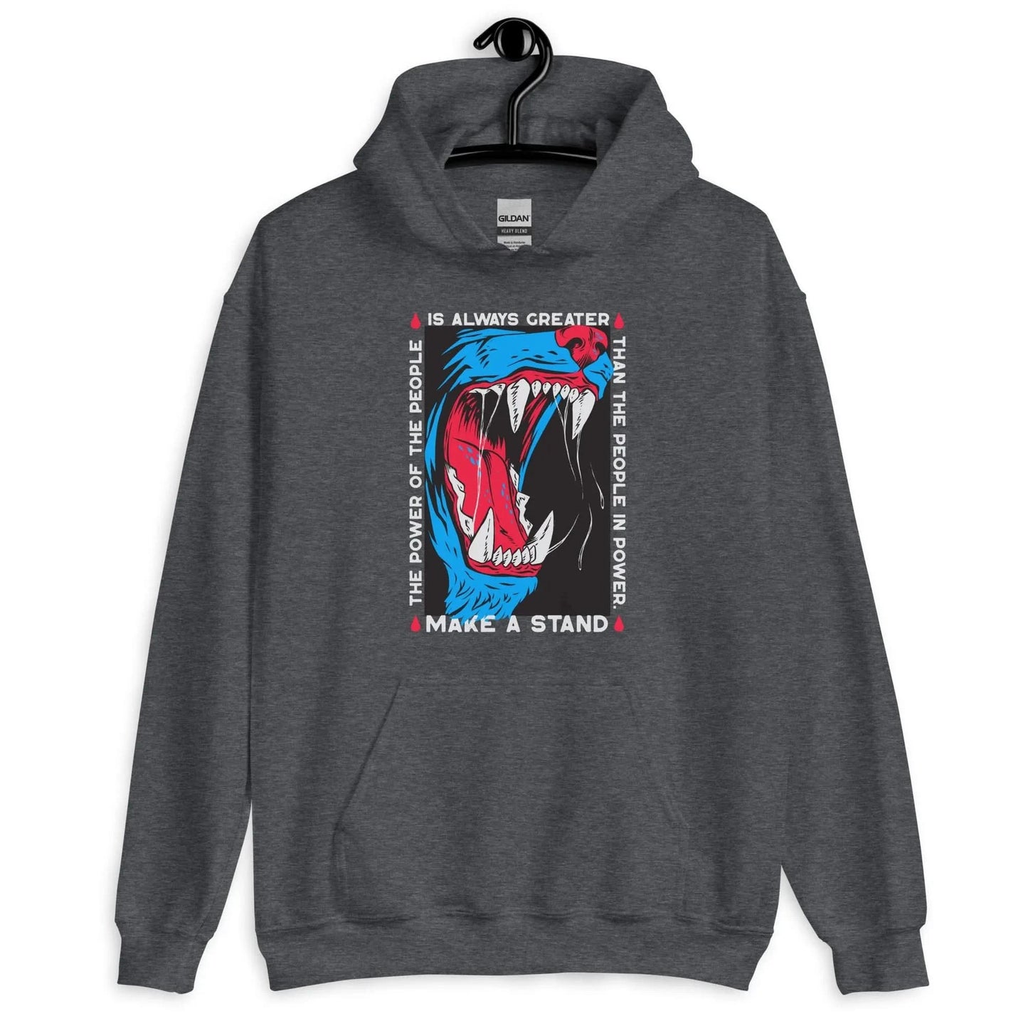 The power of the people is always greater than the people in power, make a stand graphic blue and red tiger teeth on a unisex hoodie, empowerment, speak up, protest clothing, power to the people, Rebel Girl Rampage