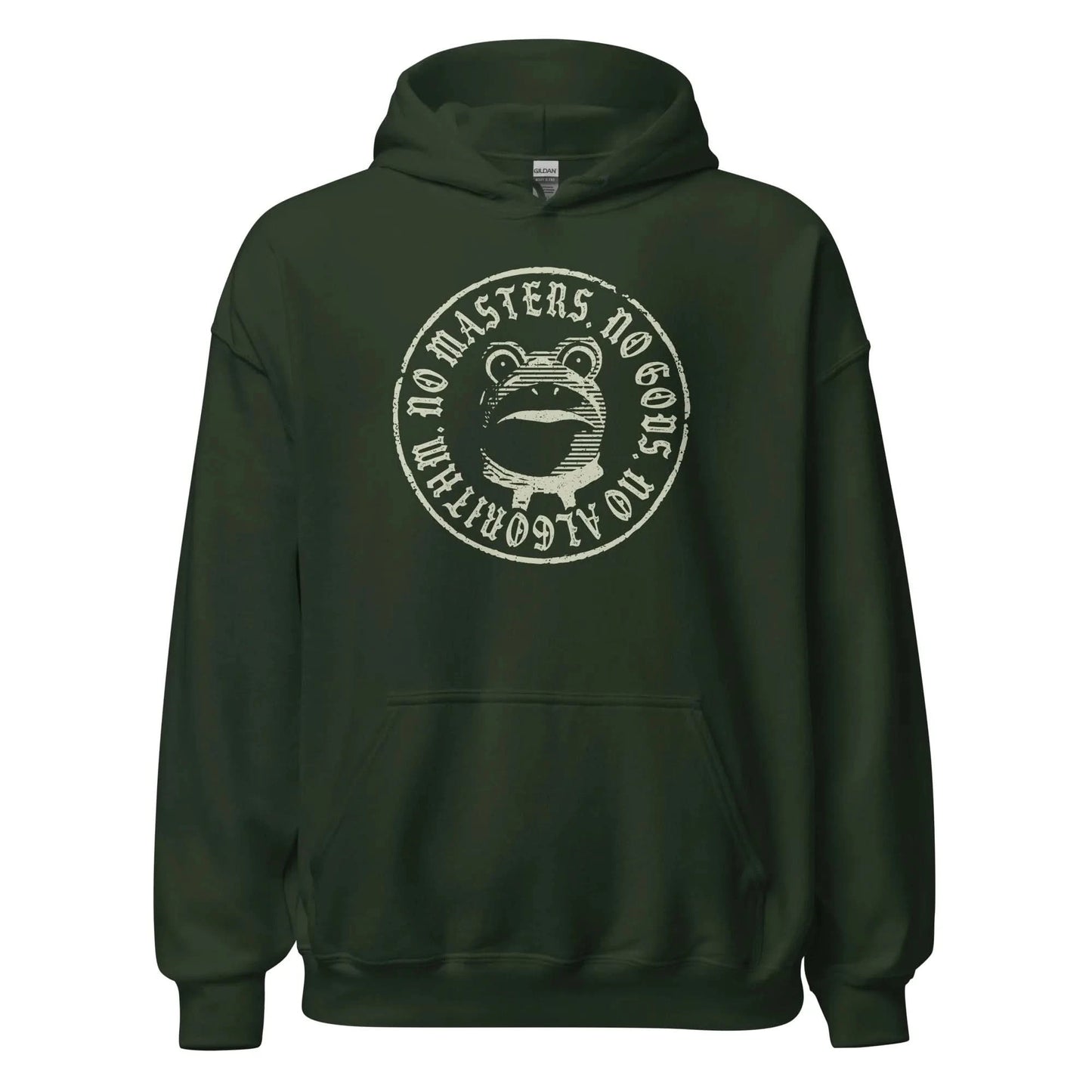 No Masters No Gods Frog unisex hoodie, Graphic of the portland antifa frog on a forest green hoodie, Anne Lesniak, Rebel Girl Rampage