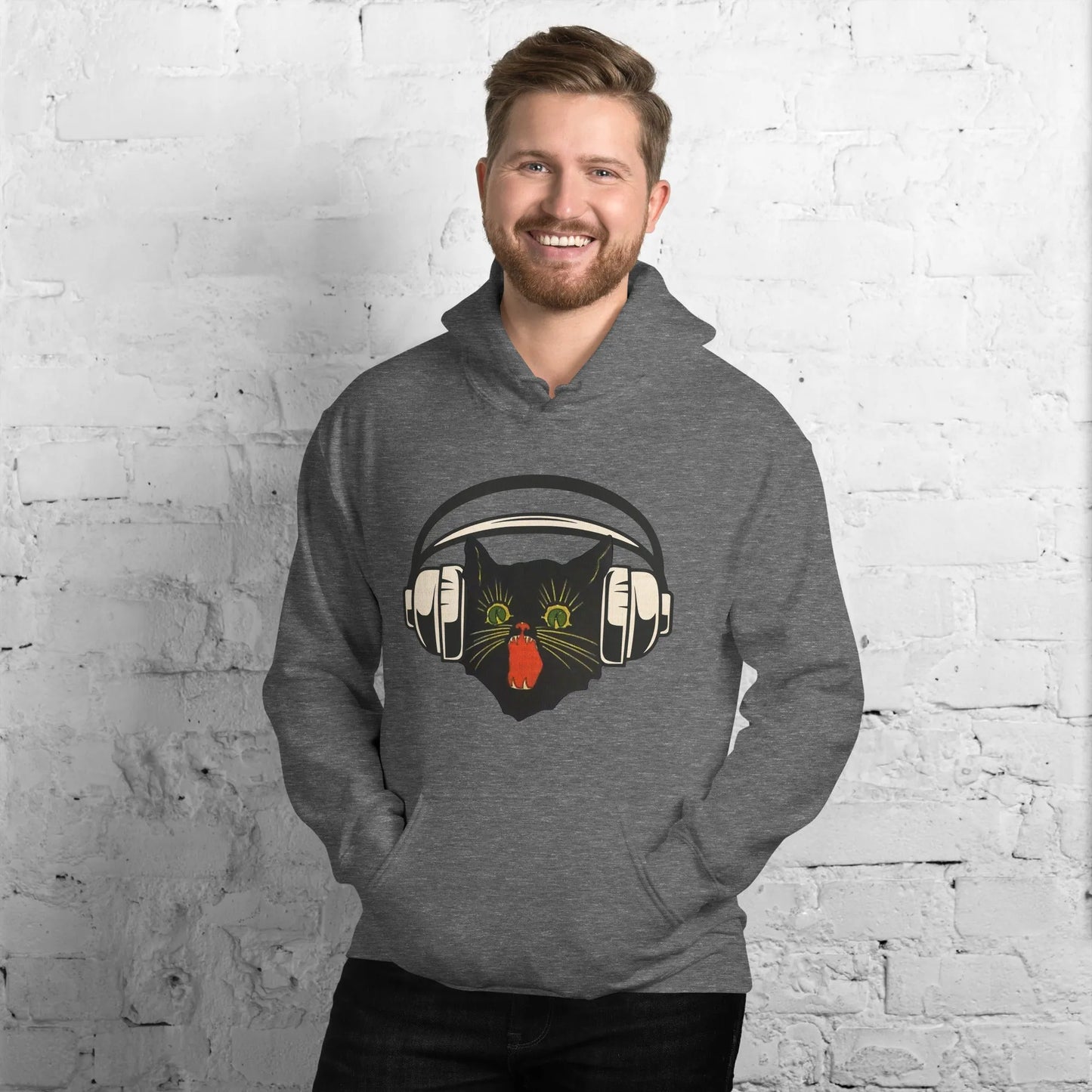 Retro black cat listening to music with headphones on a dark grey hoodie, spooky season, vintage style, Rebel Girl Rampage