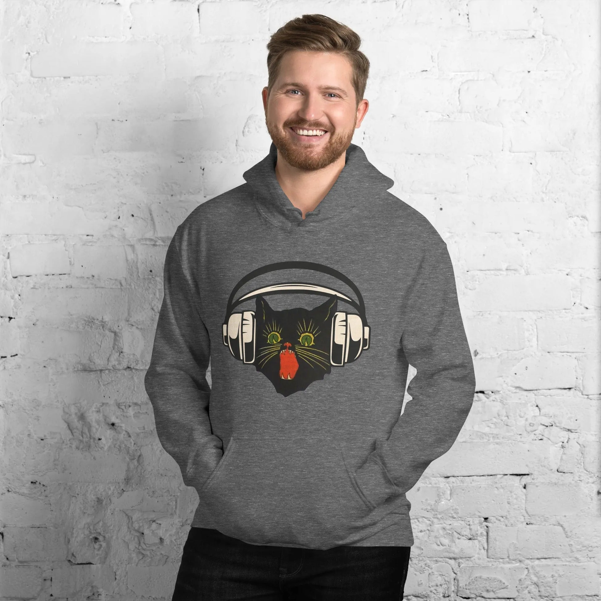 Retro black cat listening to music with headphones on a dark grey hoodie, spooky season, vintage style, Rebel Girl Rampage