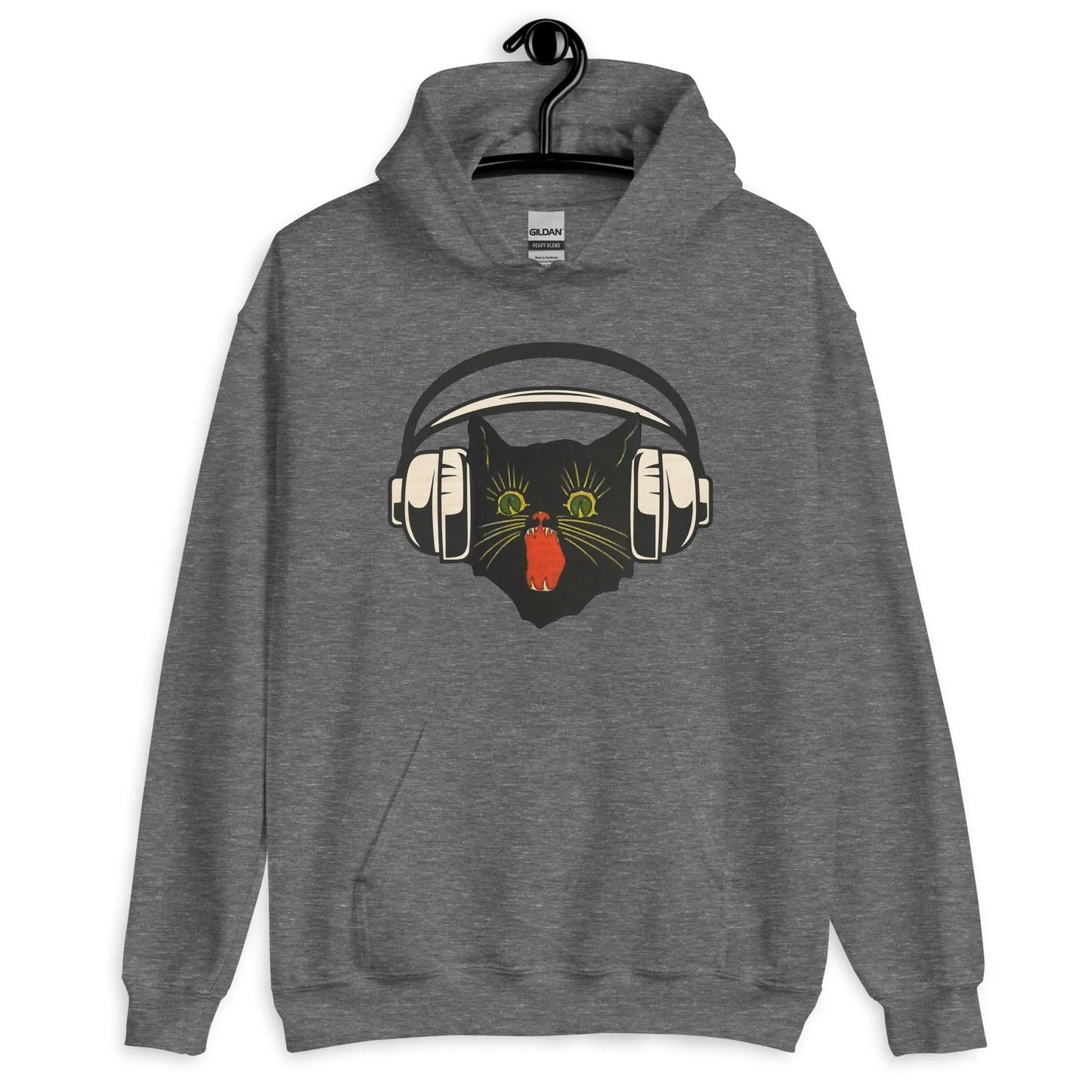 Retro black cat listening to music with headphones on a dark grey hoodie, spooky season, vintage style, Rebel Girl Rampage