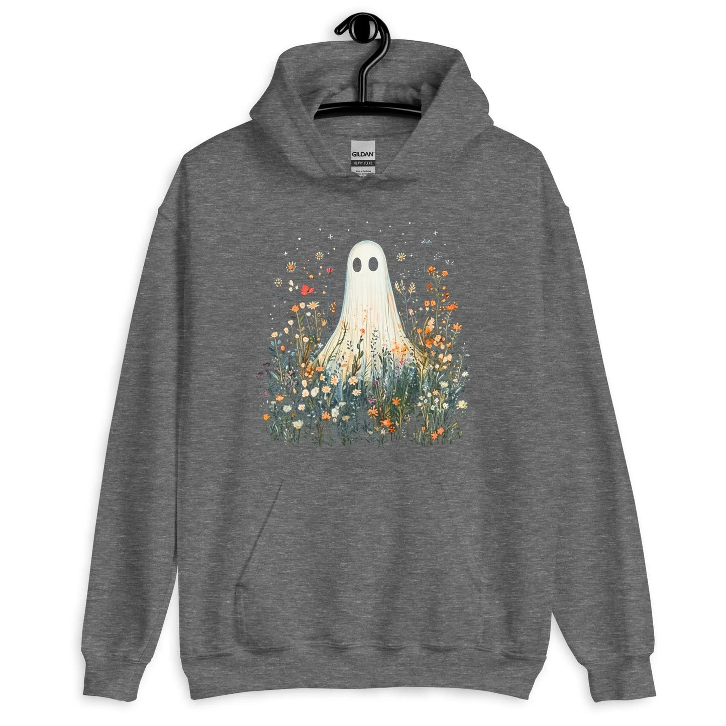 Cute ghost graphic in a field of flowers and foliage on a grey unisex hoodie, spooky season, cute, Rebel Girl Rampage