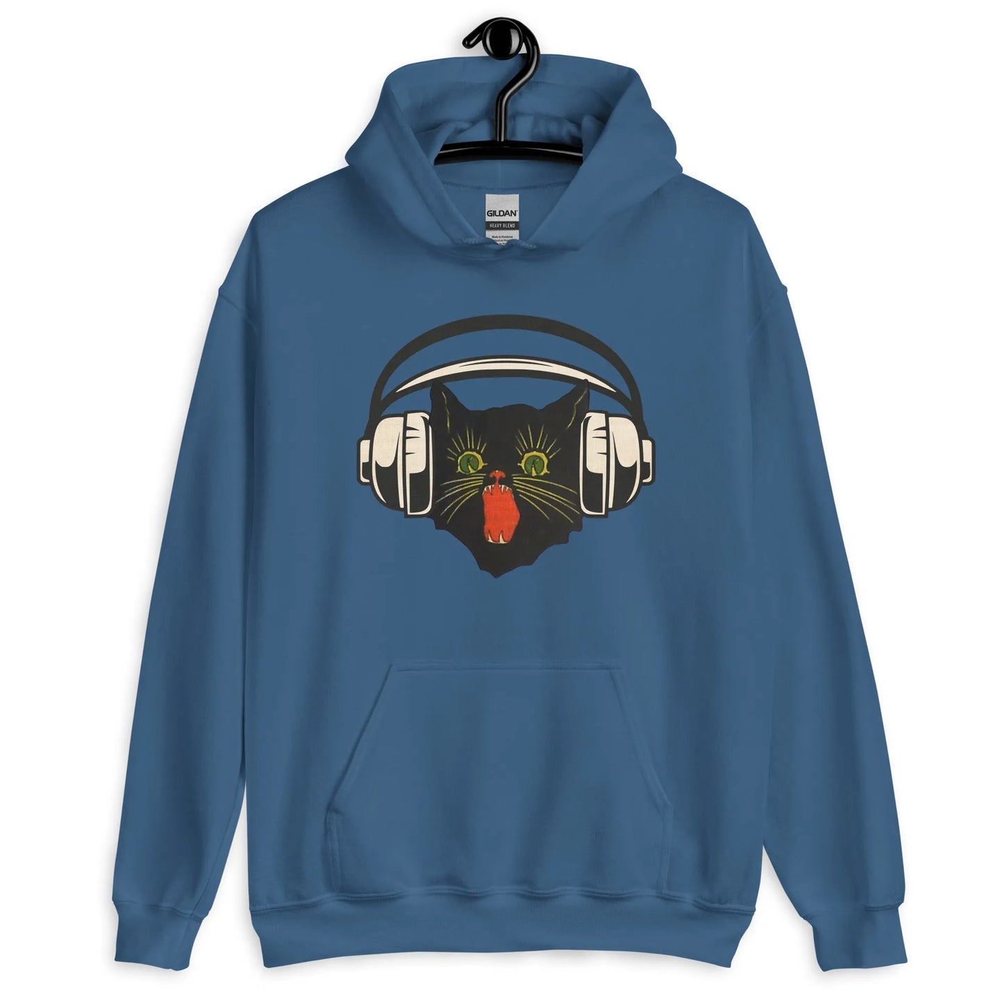 Retro black cat listening to music with headphones on a blue hoodie, spooky season, vintage style, Rebel Girl Rampage