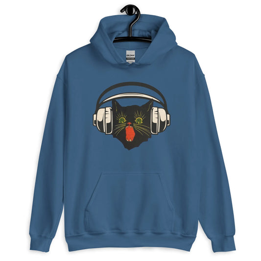 Retro black cat listening to music with headphones on a blue hoodie, spooky season, vintage style, Rebel Girl Rampage