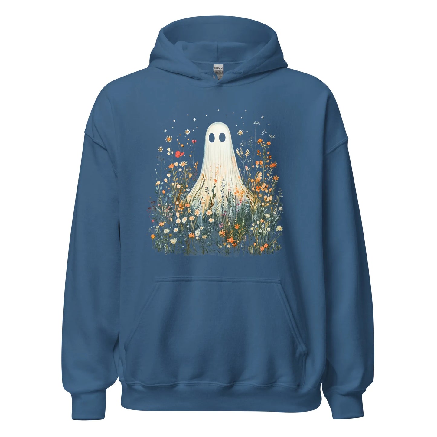 Cute ghost graphic in a field of flowers and foliage on a blue unisex hoodie, spooky season, cute, Rebel Girl Rampage