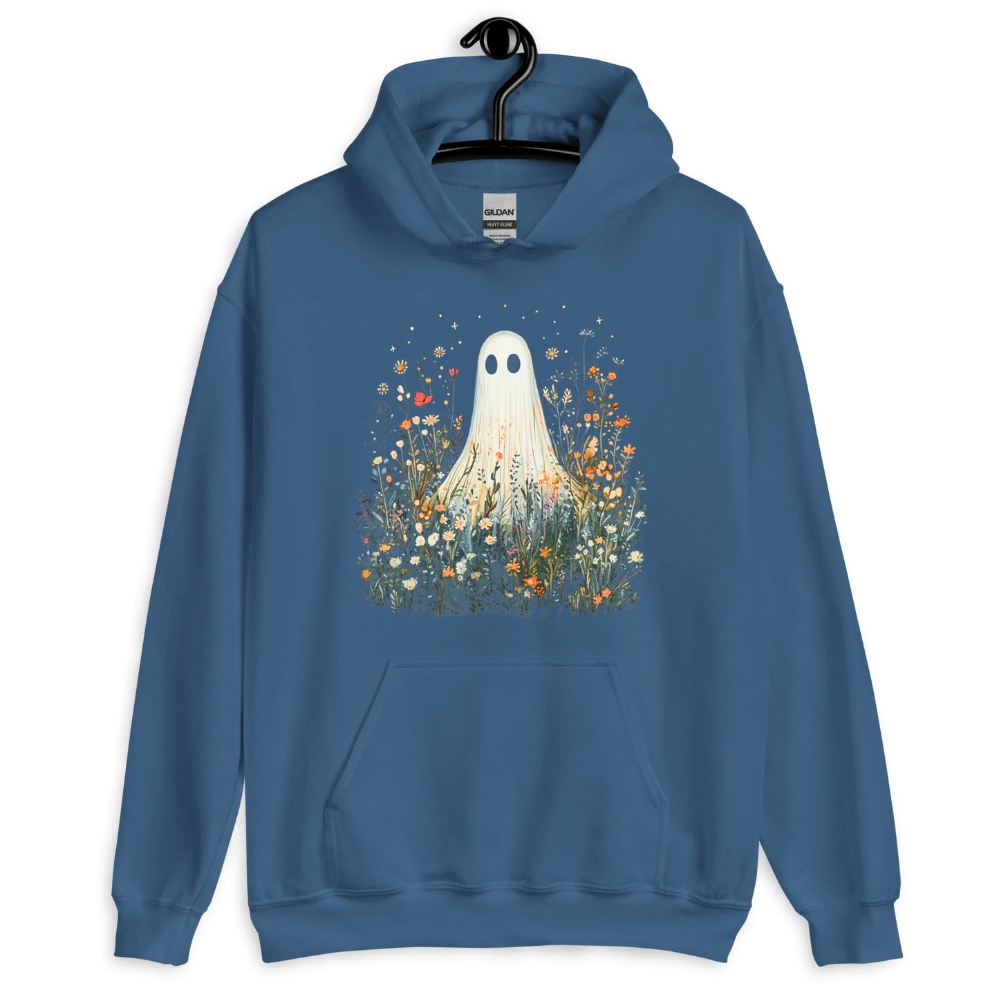 Cute ghost graphic in a field of flowers and foliage on a blue unisex hoodie, spooky season, cute, Rebel Girl Rampage