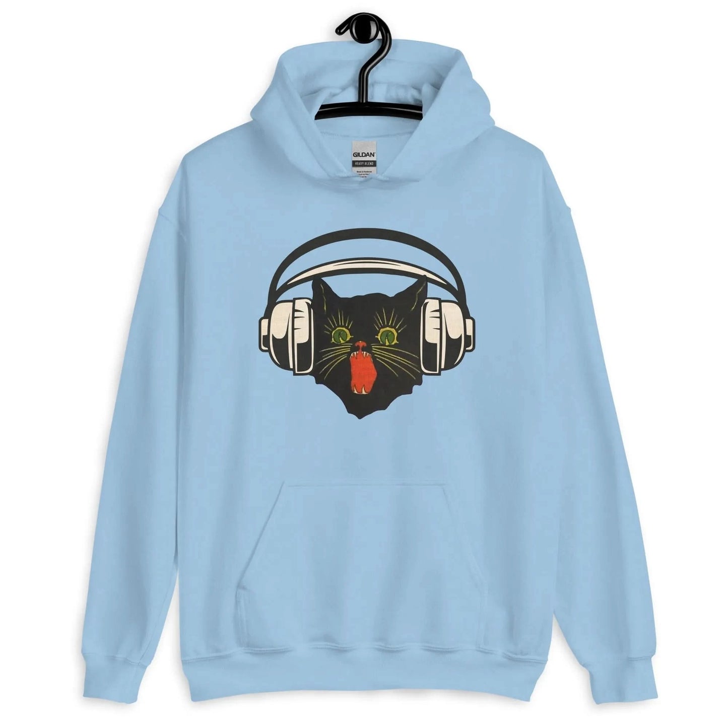 Retro black cat listening to music with headphones on a light blue hoodie, spooky season, vintage style, Rebel Girl Rampage