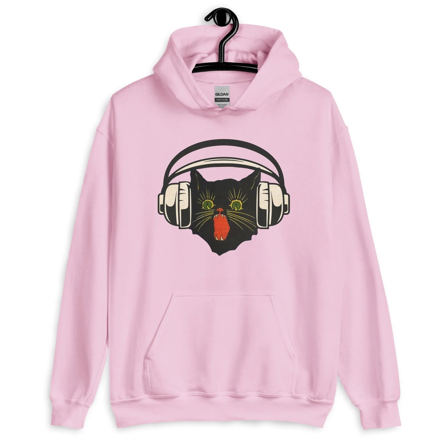 Retro black cat listening to music with headphones on a pink hoodie, spooky season, vintage style, Rebel Girl Rampage