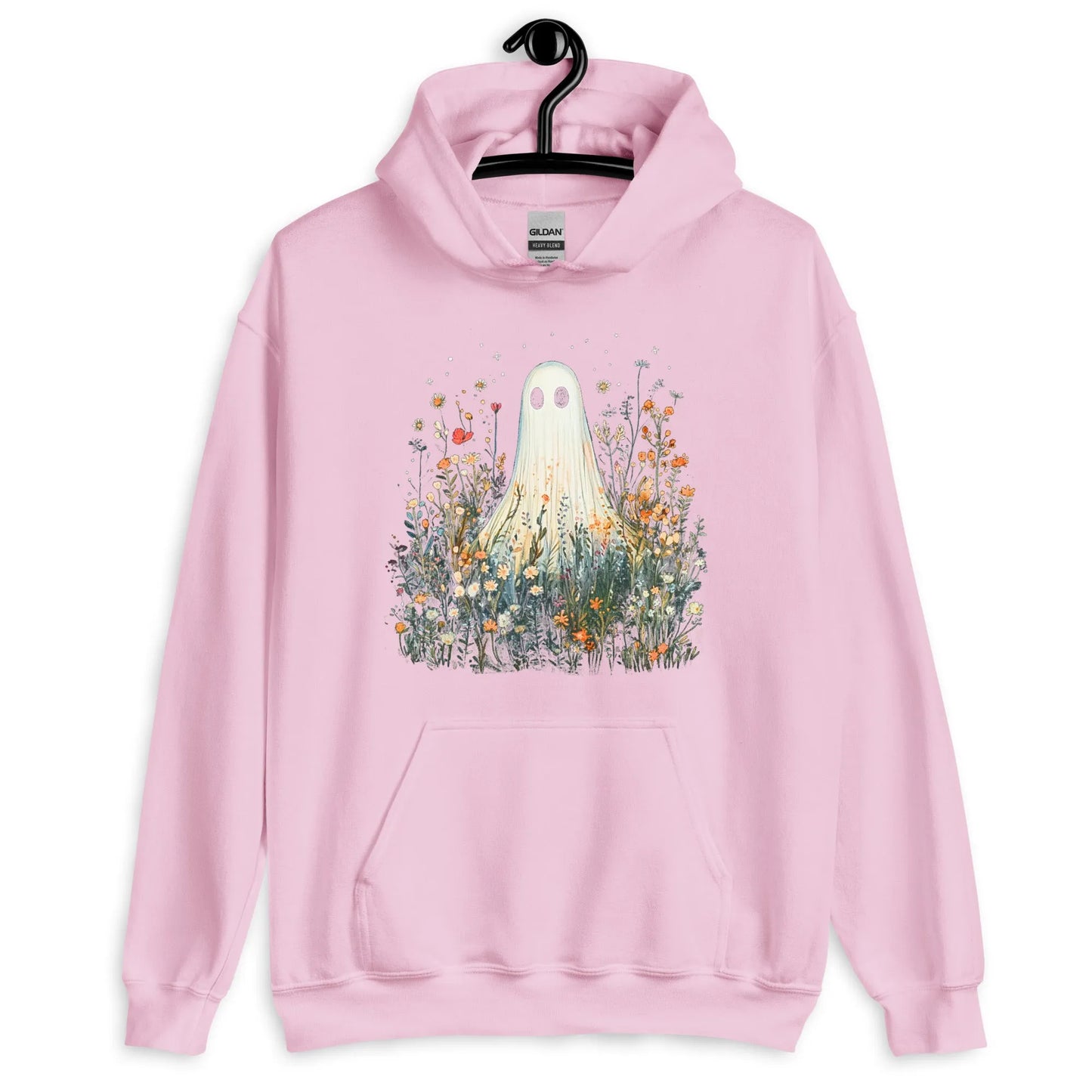 Cute ghost graphic in a field of flowers and foliage on a pink unisex hoodie, spooky season, cute, Rebel Girl Rampage