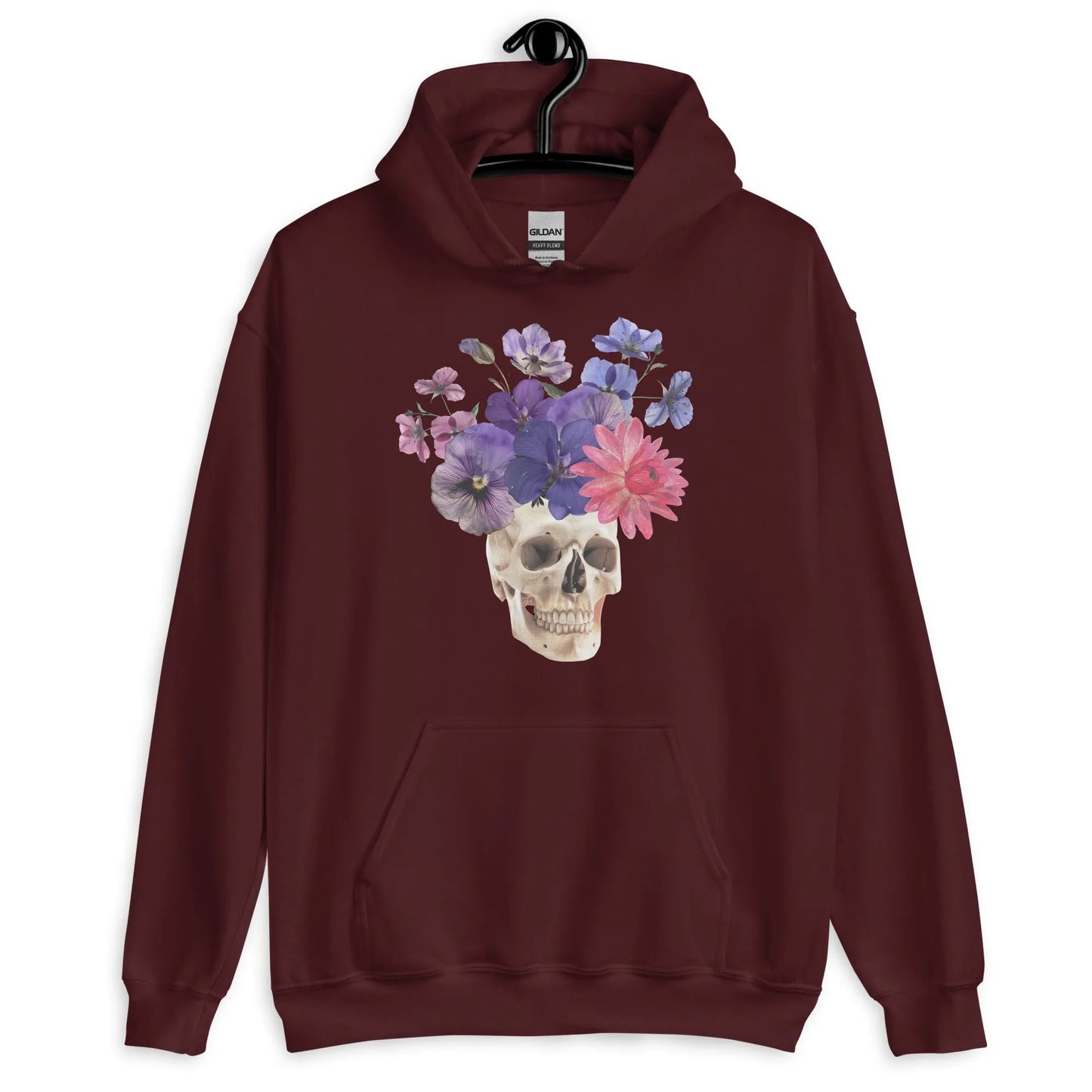 Skull graphic with beautiful pink and purple flowers on a magenta hoodie, macabre, beautiful, nature, witchy, floral, spooky season, Rebel Girl Rampage
