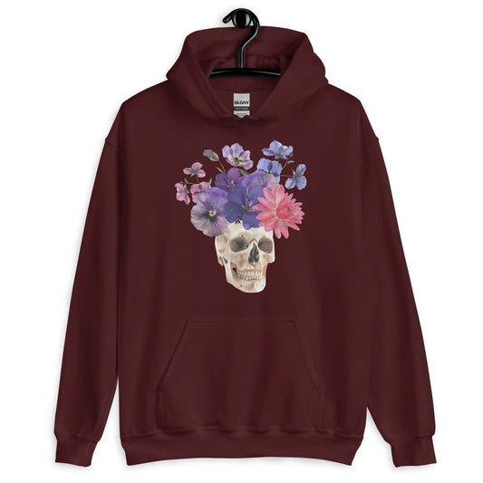 Skull graphic with beautiful pink and purple flowers on a magenta hoodie, macabre, beautiful, nature, witchy, floral, spooky season, Rebel Girl Rampage