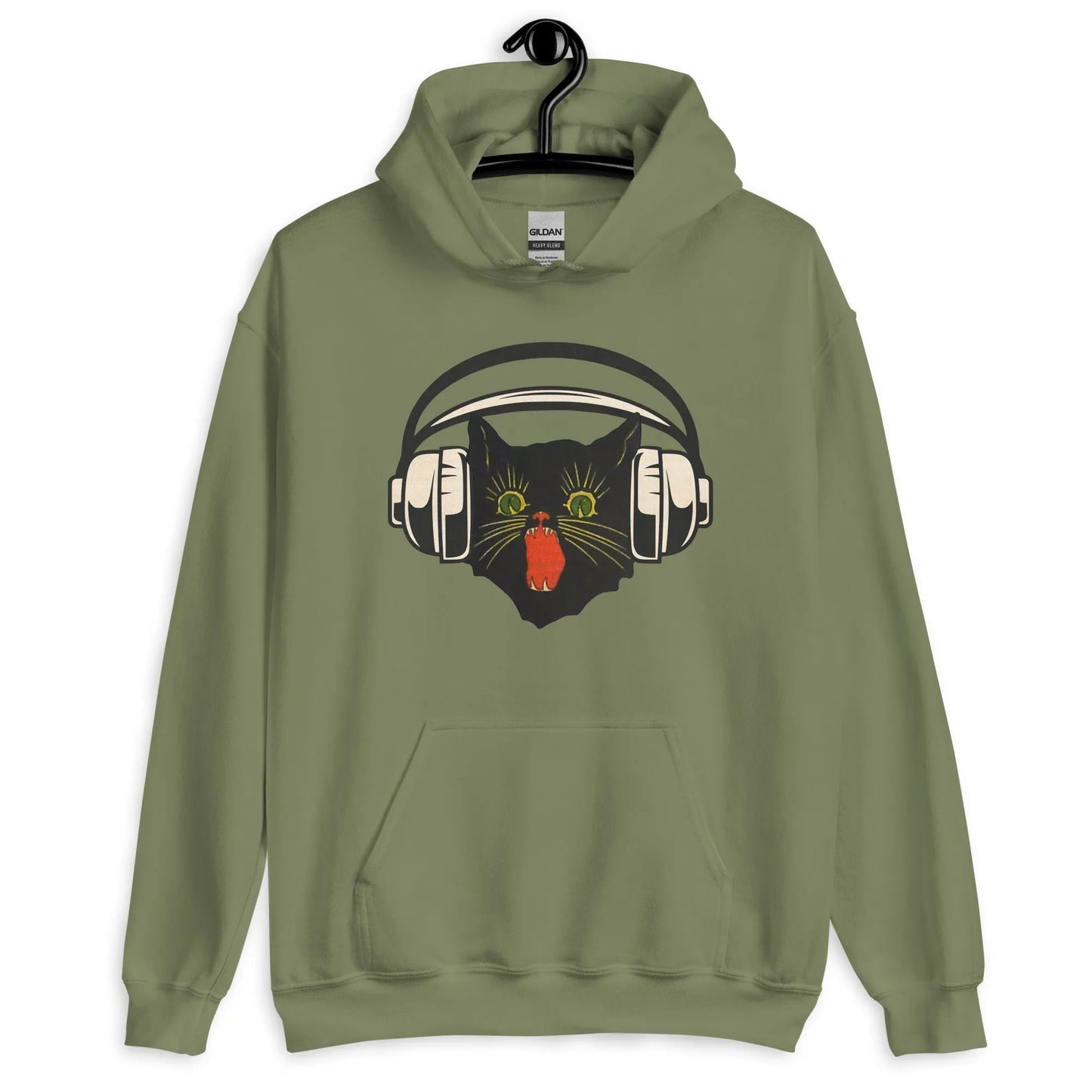 Retro black cat listening to music with headphones on a green hoodie, spooky season, vintage style, Rebel Girl Rampage