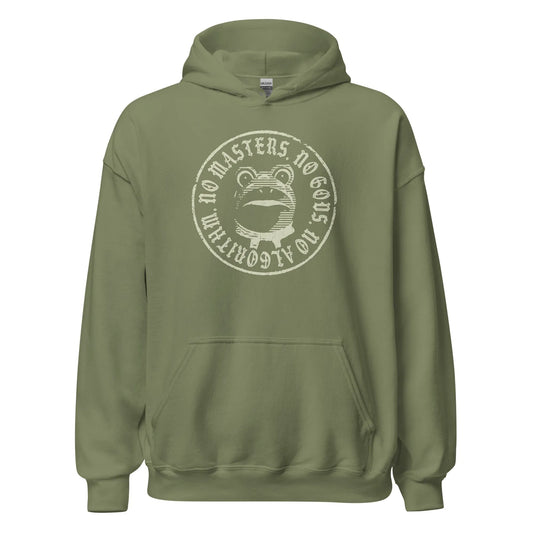 No Masters No Gods Frog unisex hoodie, Graphic of the portland antifa frog on an olive green hoodie, Anne Lesniak, Rebel Girl Rampage