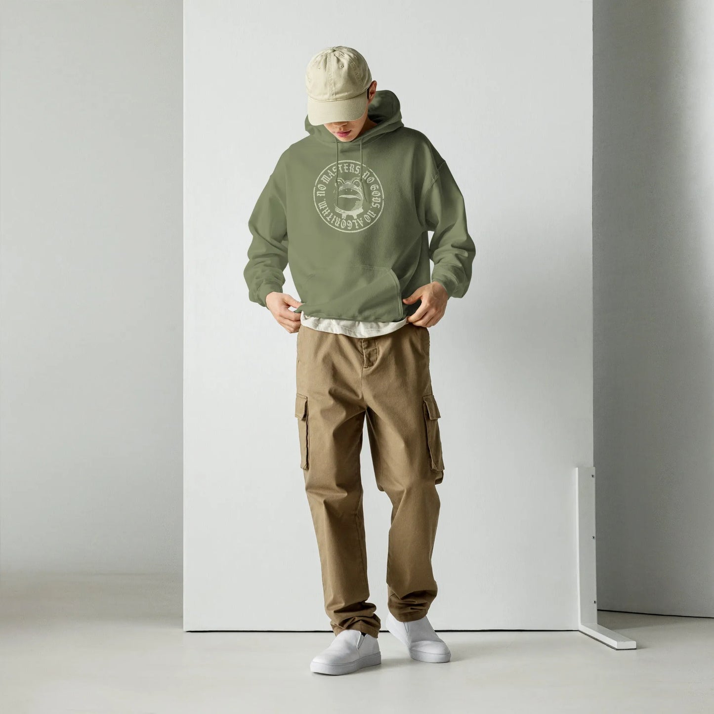 No Masters No Gods Frog unisex hoodie, Graphic of the portland antifa frog on an olive green hoodie, Anne Lesniak, Rebel Girl Rampage