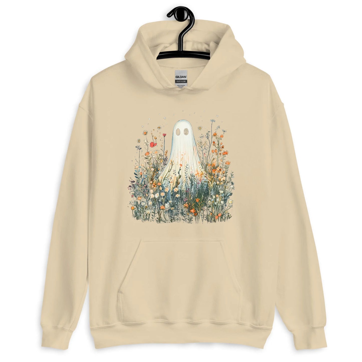 Cute ghost graphic in a field of flowers and foliage on a cream unisex hoodie, spooky season, cute, Rebel Girl Rampage