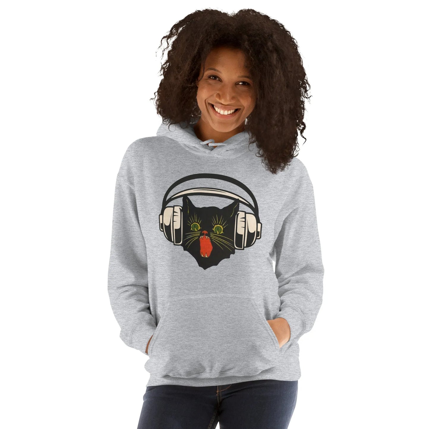 Retro black cat listening to music with headphones on a light grey hoodie, spooky season, vintage style, Rebel Girl Rampage
