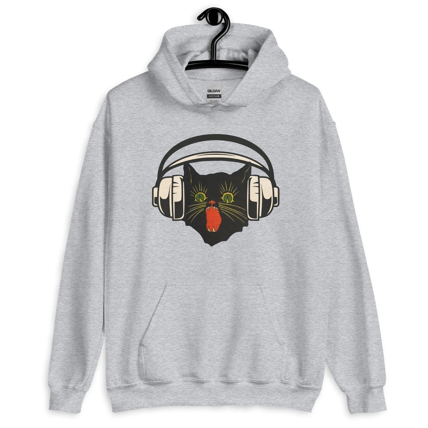Retro black cat listening to music with headphones on a light grey hoodie, spooky season, vintage style, Rebel Girl Rampage