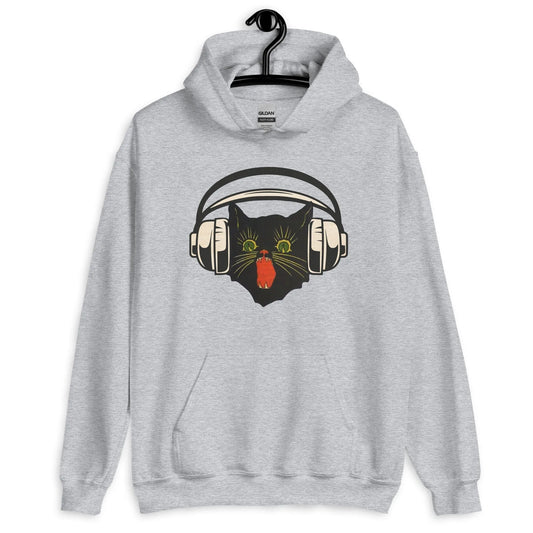Retro black cat listening to music with headphones on a light grey hoodie, spooky season, vintage style, Rebel Girl Rampage