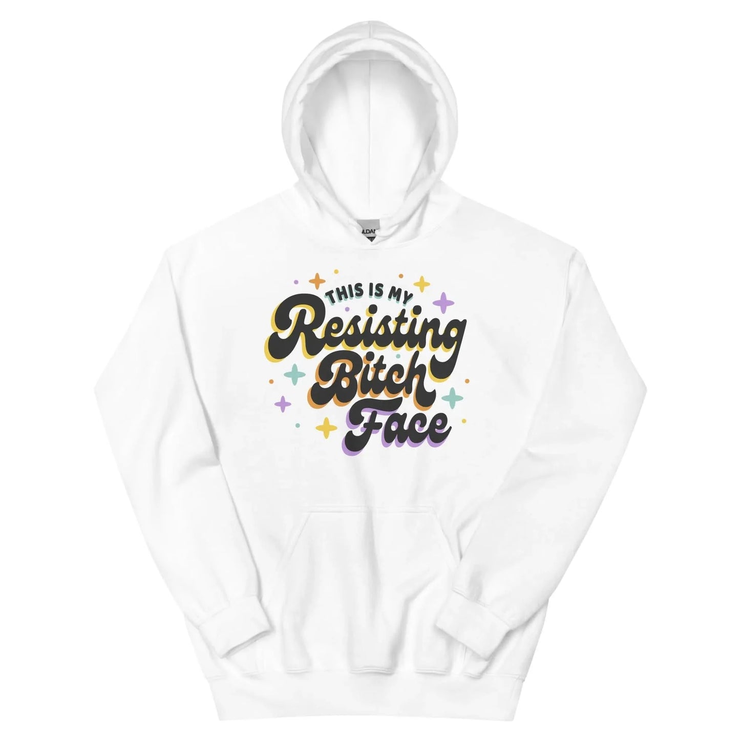 Resisting B*tch Face graphic with sparkles on a light grey hoodie, resistance, resting b*tch face, empowerment, smile more, feminist, sassy, attitude, Rebel Girl Rampage.