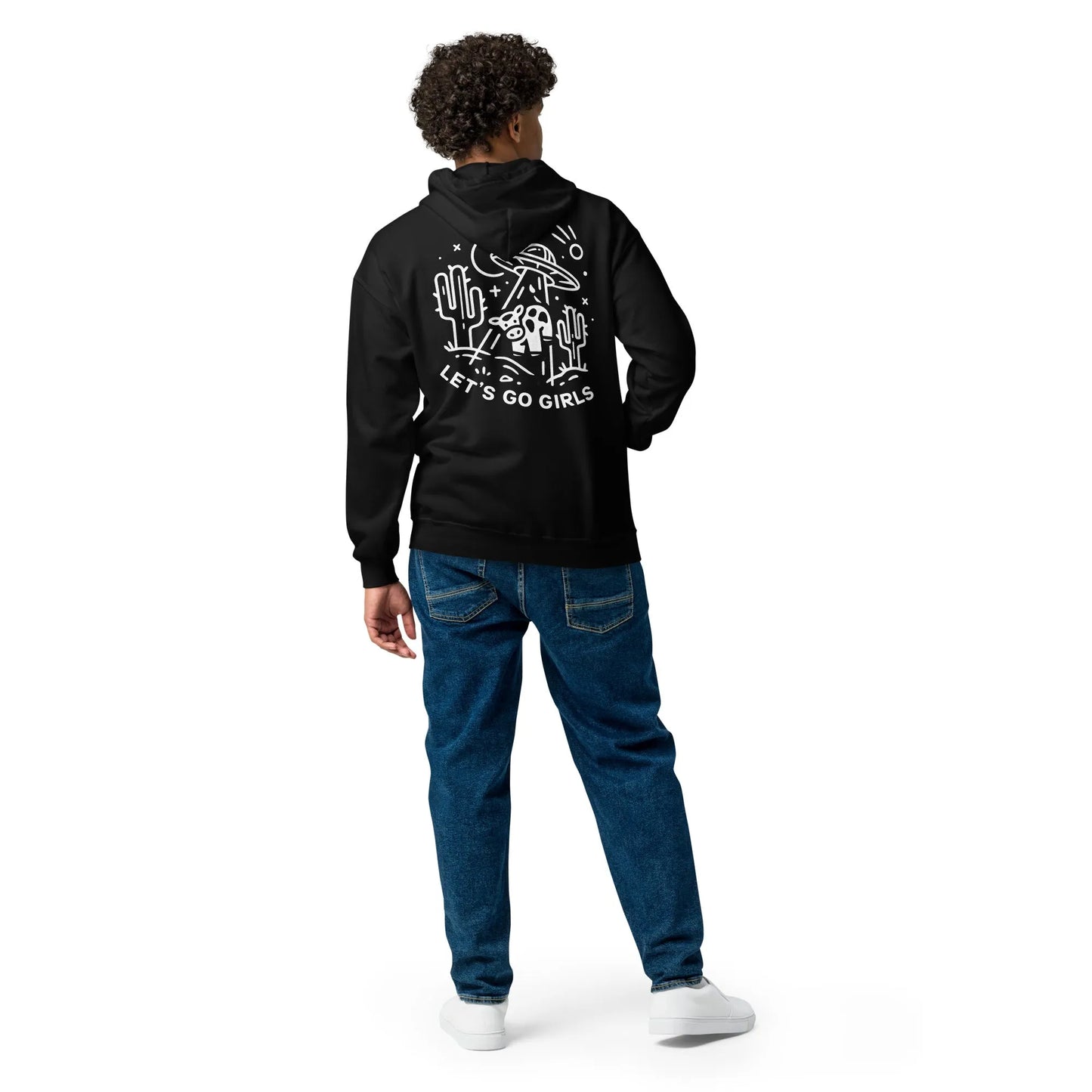 Let's Go Girls Black Unisex Zip Up Hoodie, UFO cow abduction, Southwestern graphic art, double sided print, Rebel Girl Rampage