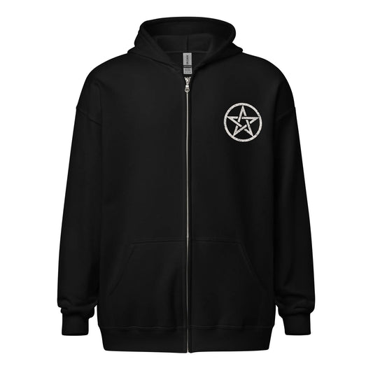 Salem University White Star Graphic on a Black Zip Up Hoodie, Rebel Girl Rampage, witchy vibes perfect for halloween.