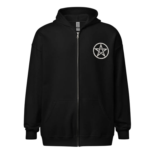 Salem University White Star Graphic on a Black Zip Up Hoodie, Rebel Girl Rampage, witchy vibes perfect for halloween.