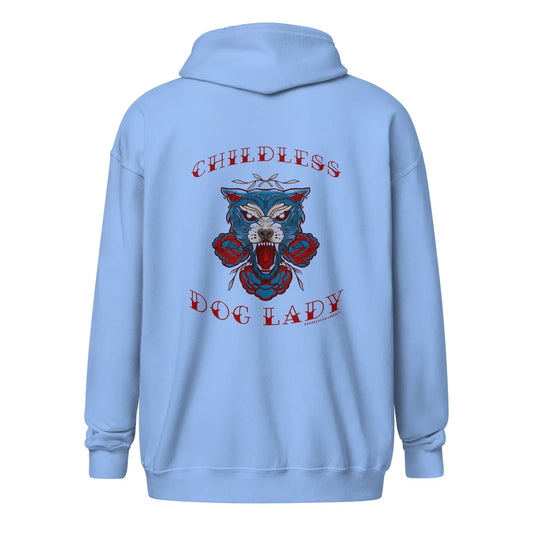 Childless Dog Lady Heavy Zip Hoodie, Rebel Girl Rampage American Vintage tattoo Style artwork