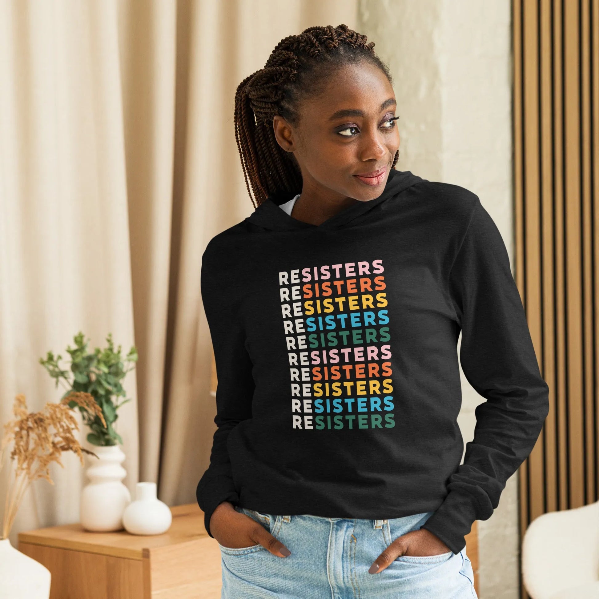 reSisters Long Sleeve Hoodie Unisex T-shirt, Feminist, Rainbow, Women’s Rights, Anne Lesniak, Rebel Girl Rampage
