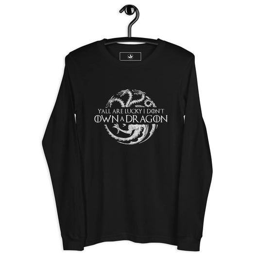 Y'all are lucky I don't own a dragon circular dragon graphic with three heads on a black long sleeve t shirt, whimsical, magic, fantasy, Rebel Girl Rampage