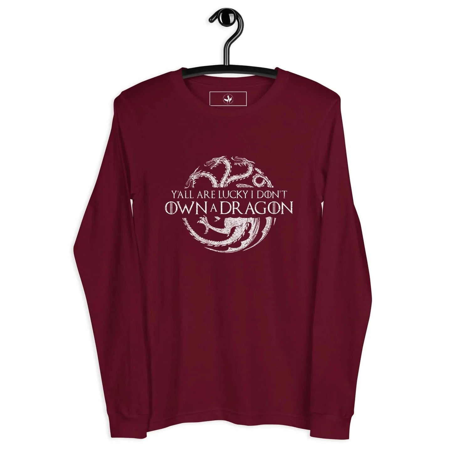 Y'all are lucky I don't own a dragon circular dragon graphic with three heads on a dark red long sleeve t shirt, whimsical, magic, fantasy, Rebel Girl Rampage