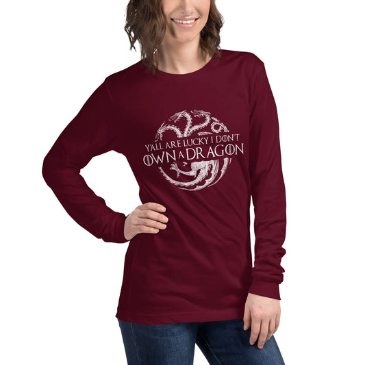 Y'all are lucky I don't own a dragon circular dragon graphic with three heads on a dark red long sleeve t shirt, whimsical, magic, fantasy, Rebel Girl Rampage