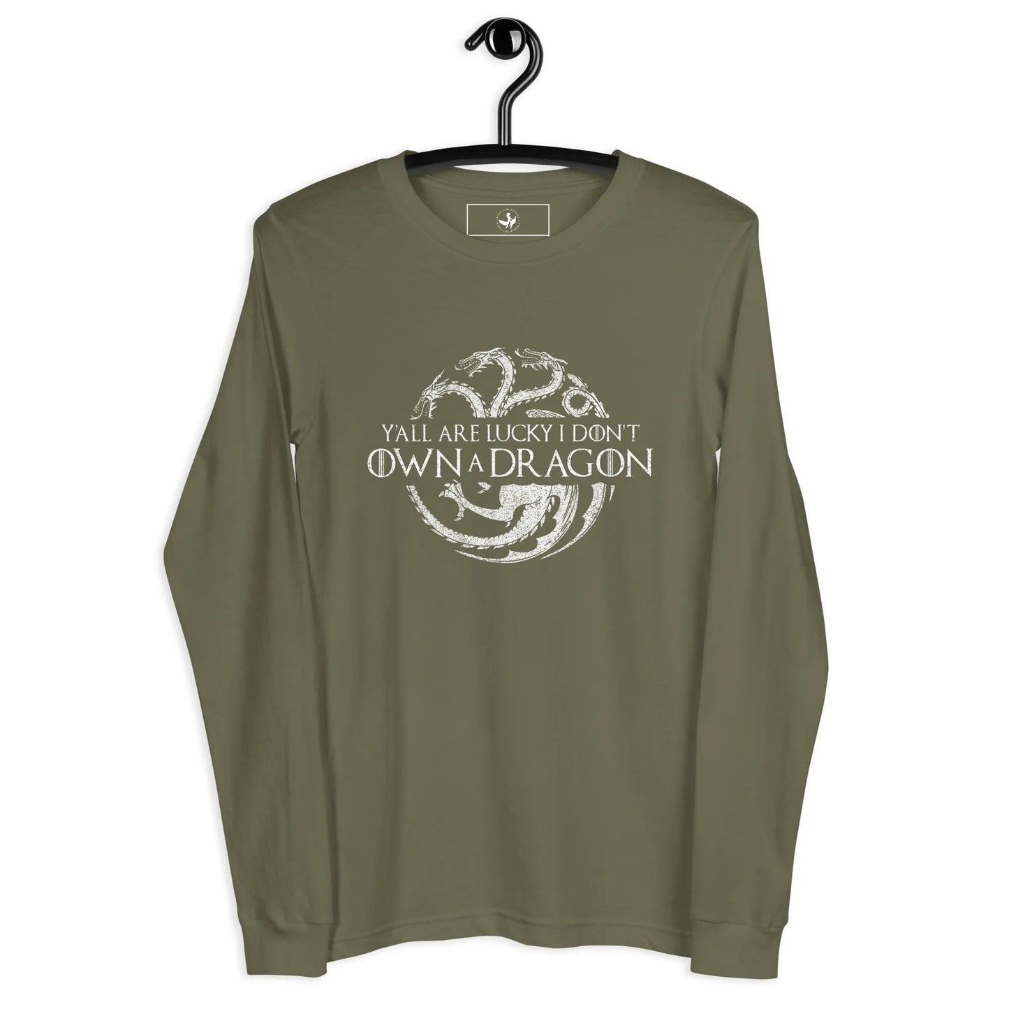 Y'all are lucky I don't own a dragon circular dragon graphic with three heads on a green long sleeve t shirt, whimsical, magic, fantasy, Rebel Girl Rampage