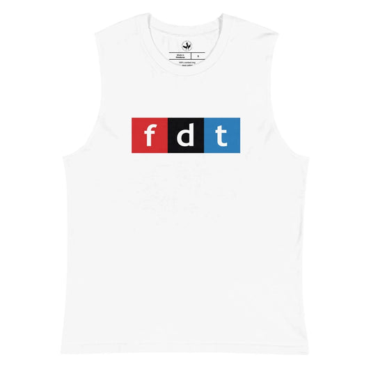 fuck Donald trump FDT NPR logo on a white muscle tee, anti trump, democracy, power to the people, Rebel Girl Rampage