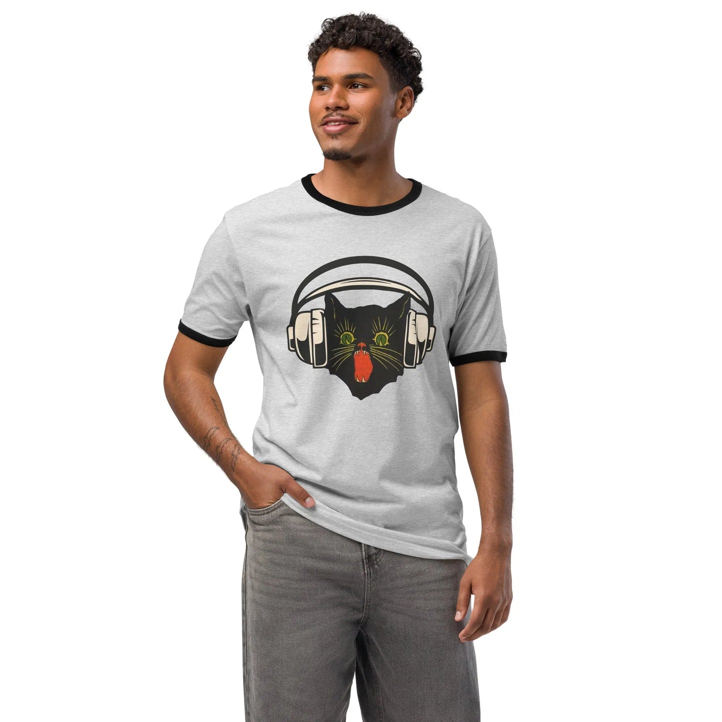 Retro black cat listening to music with headphones on a grey shirt with black trim, spooky season, vintage style, Rebel Girl Rampage
