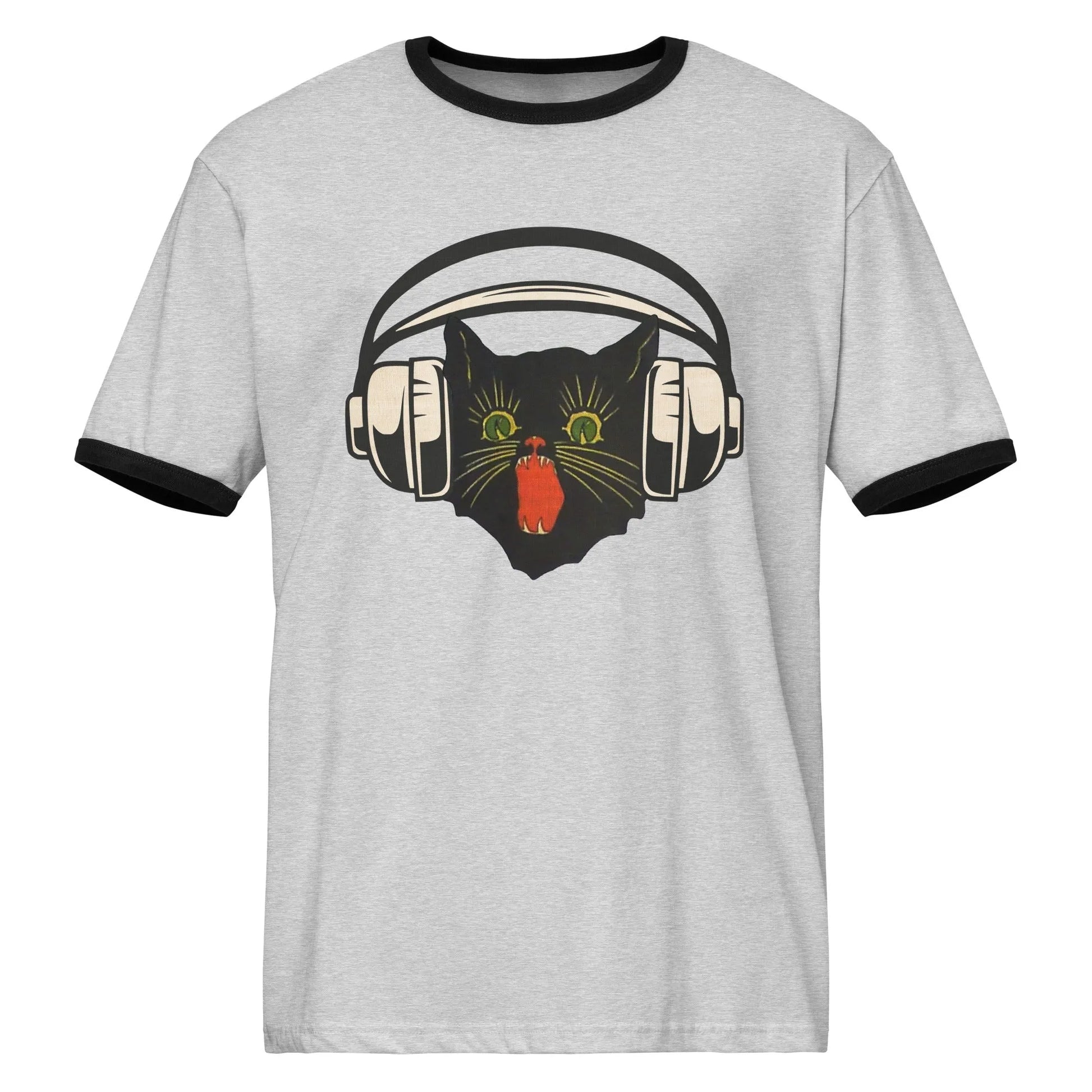 Retro black cat listening to music with headphones on a grey shirt with black trim, spooky season, vintage style, Rebel Girl Rampage