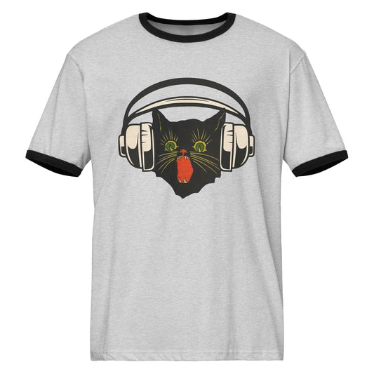Retro black cat listening to music with headphones on a grey shirt with black trim, spooky season, vintage style, Rebel Girl Rampage