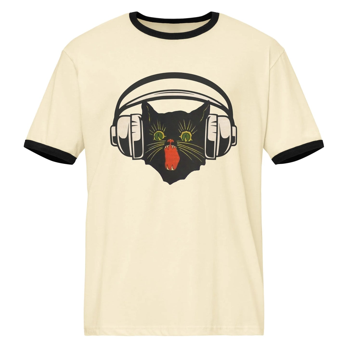 Retro black cat listening to music with headphones on a cream shirt with black trim, spooky season, vintage style, Rebel Girl Rampage