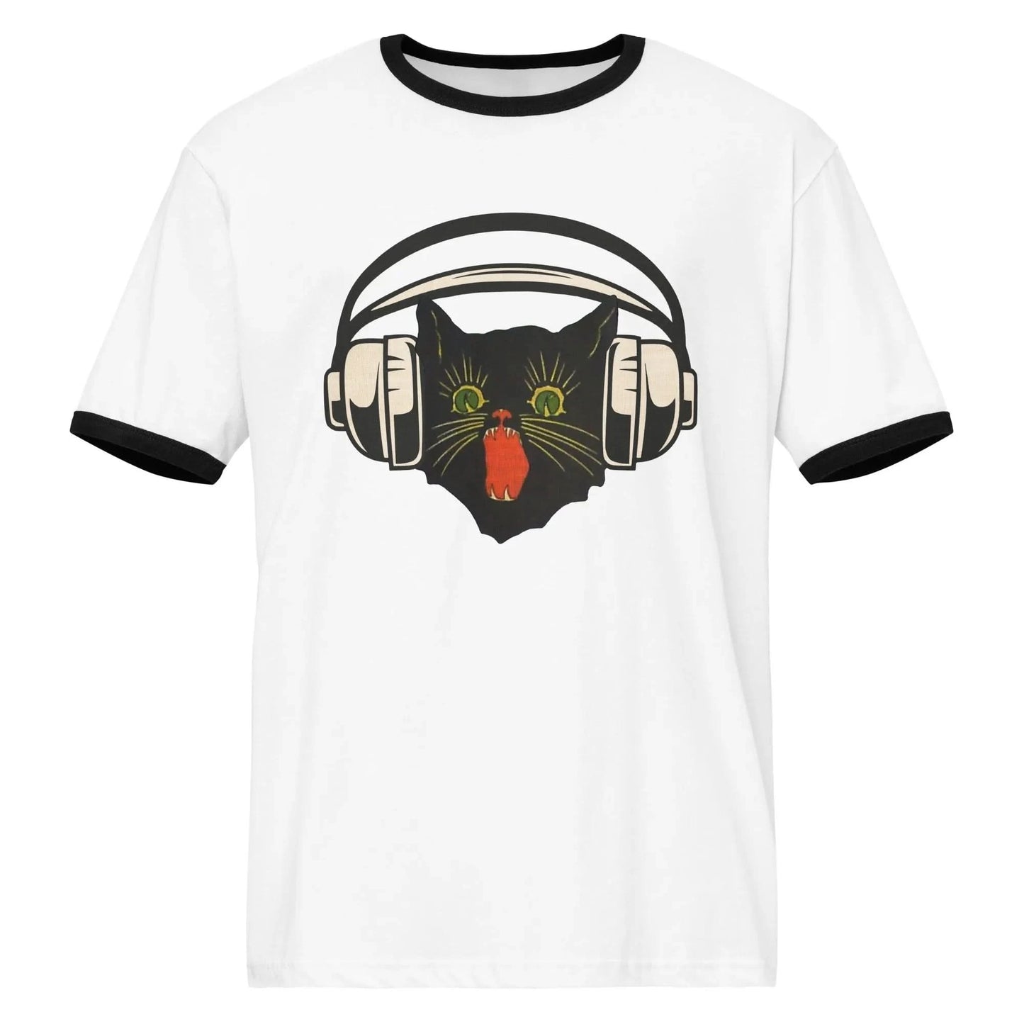 Retro black cat listening to music with headphones on a white shirt with black trim, spooky season, vintage style, Rebel Girl Rampage