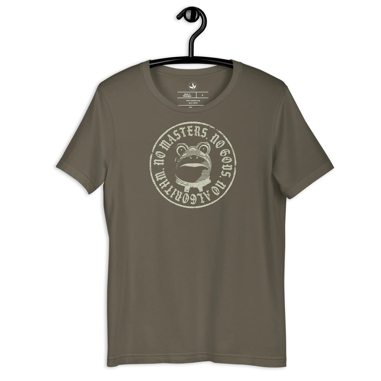 No Masters No Gods No Algorithm antifa portland frog graphic on an army green unisex t shirt, Anne Lesniak, Rebel Girl Rampage.