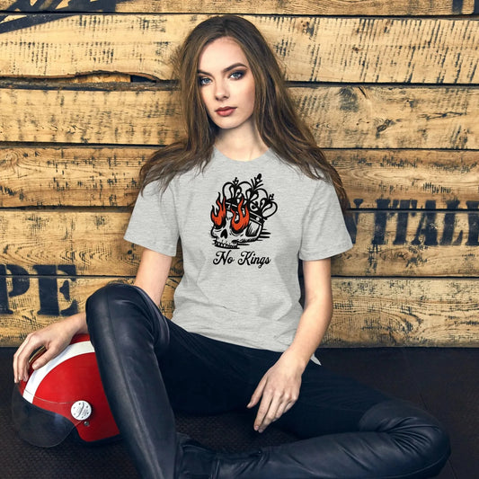 No Kings skull and crown with flame eyes graphic art on a grey unisex t shirt, democracy, Rebel Girl Rampage