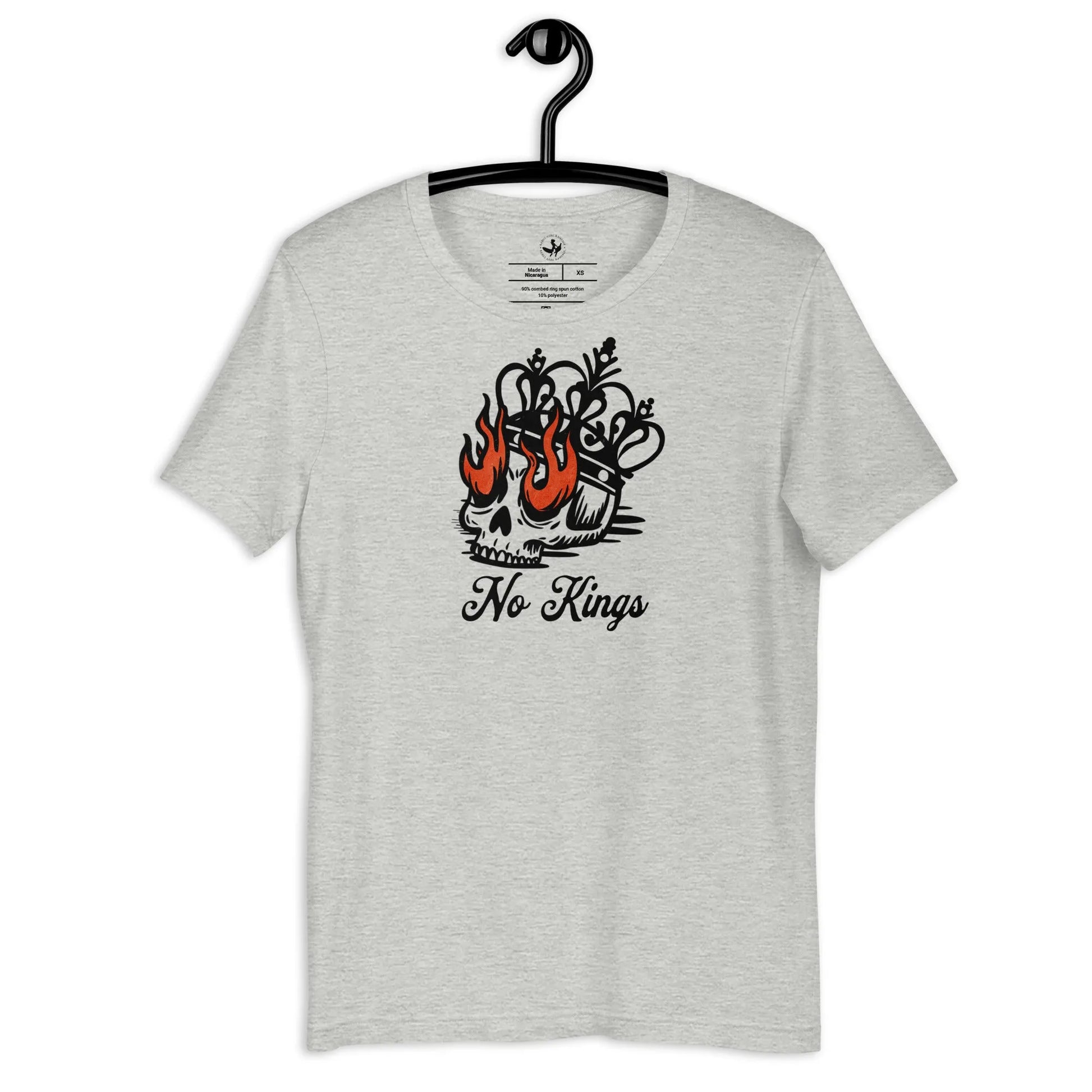 No Kings skull and crown with flame eyes graphic art on a grey unisex t shirt, democracy, Rebel Girl Rampage
